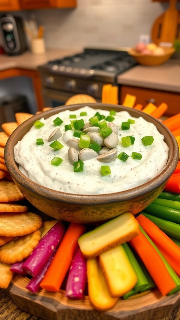Creamy clam dip with green onions, served with crackers and vegetable sticks on a rustic platter.